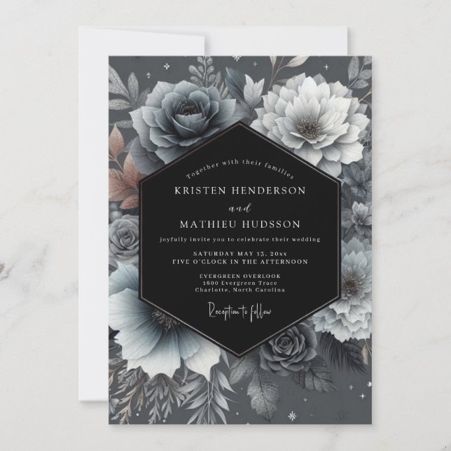 Convites Casamento Romântico Floral Azul Arraste Moody (Frente)