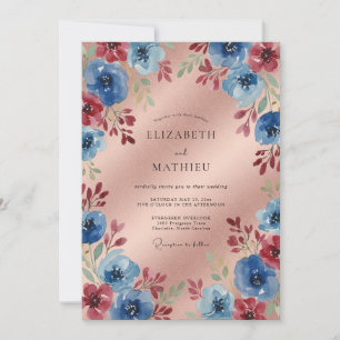 Convites Casamento Romântico Floral Azul Carmesim