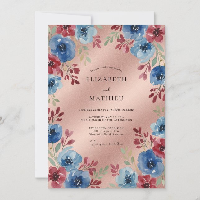 Convites Casamento Romântico Floral Azul Carmesim (Frente)