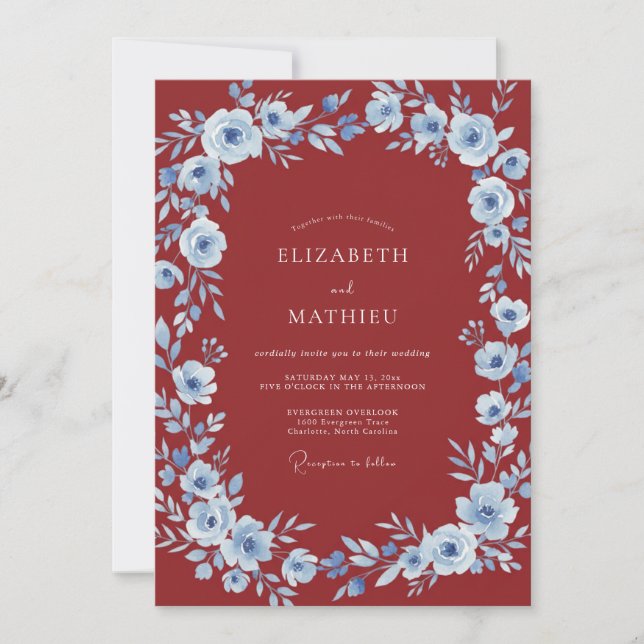 Convites Casamento Romântico Floral Azul Carmesim (Frente)