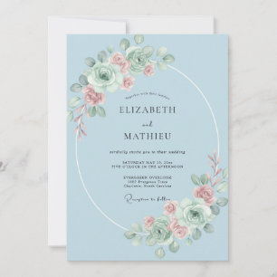 Convites Casamento Romântico Floral Azul Céu