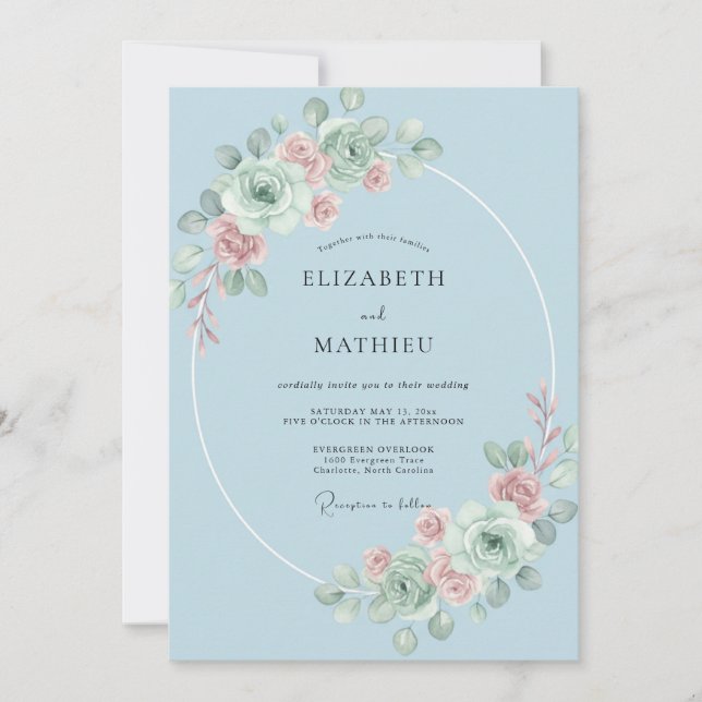 Convites Casamento Romântico Floral Azul Céu (Frente)