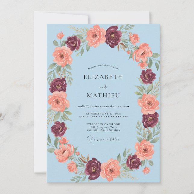Convites Casamento Romântico Floral Azul Claro (Frente)