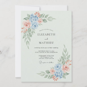 Convites Casamento Romântico Floral Azul Claro