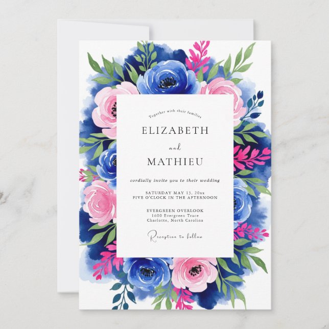 Convites Casamento Romântico Floral Azul Cobalto (Frente)