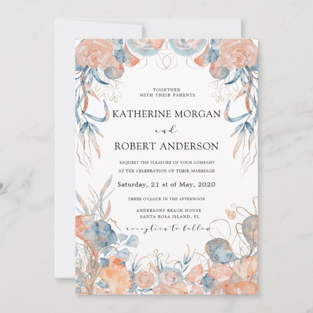 Convites Casamento romântico floral azul-coral (Frente)