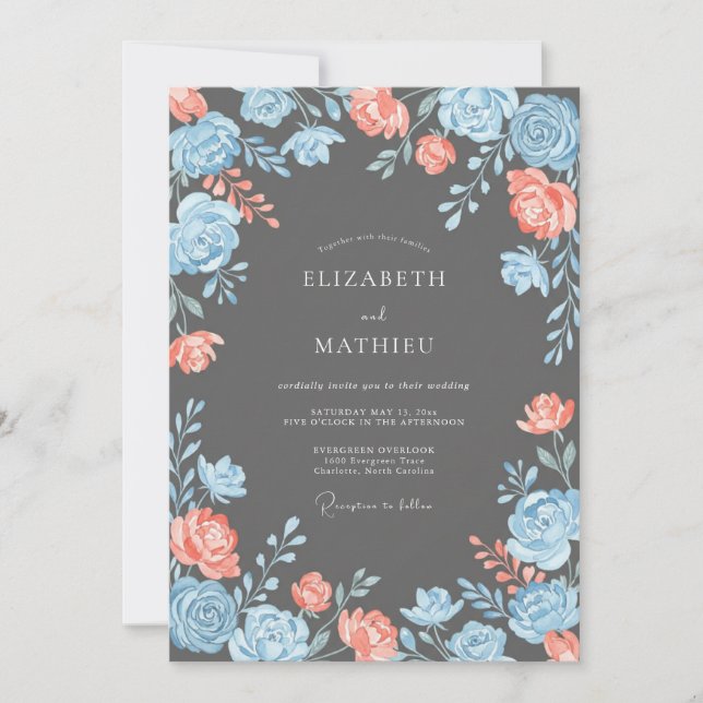 Convites Casamento Romântico Floral Azul Coral (Frente)
