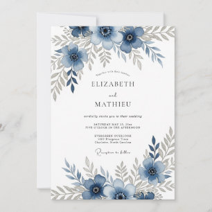Convites Casamento Romântico Floral Azul Desbotado