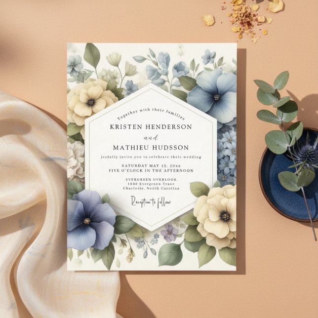 Convites Casamento Romântico Floral Azul Empoeirado (Criador carregado)