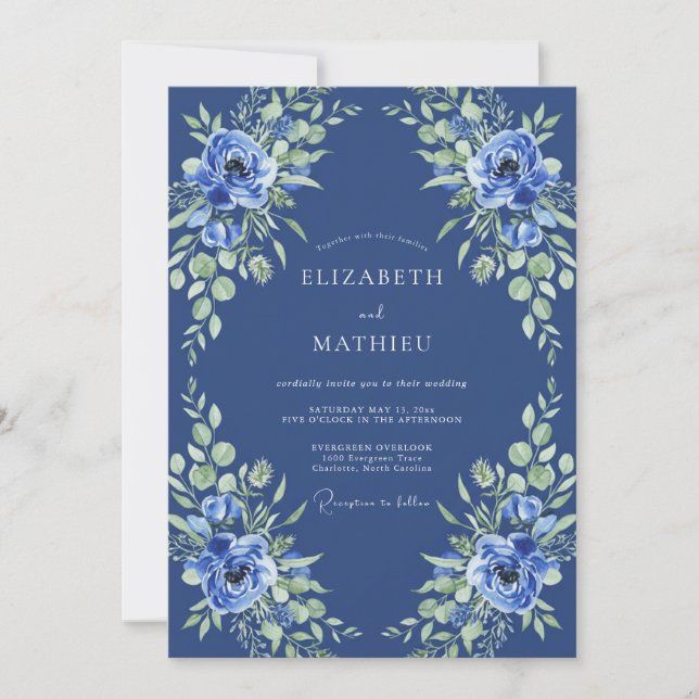 Convites Casamento Romântico Floral Azul Índigo (Frente)