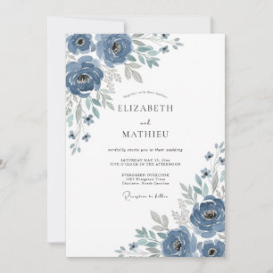 Convites Casamento Romântico Floral Azul Pintado à Mão