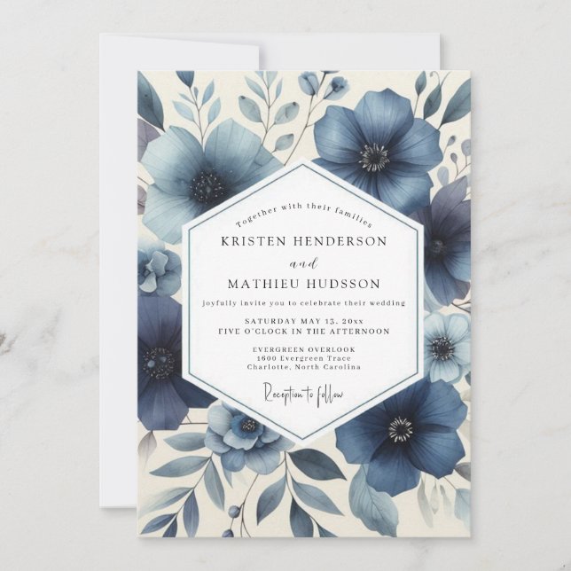 Convites Casamento Romântico Floral Azul Profundo (Frente)
