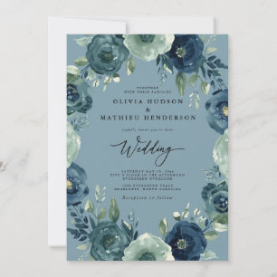 Convites Casamento Romântico Floral Azul Profundo