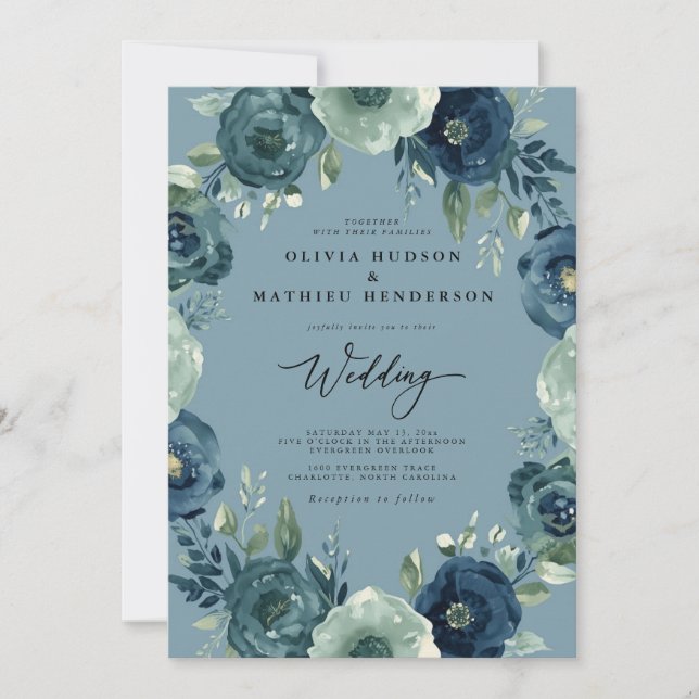 Convites Casamento Romântico Floral Azul Profundo (Frente)