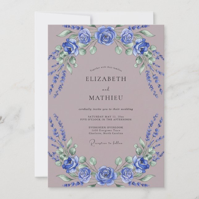 Convites Casamento Romântico Floral Azul Real (Frente)