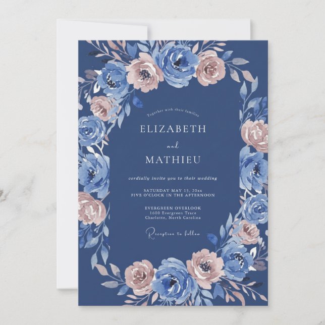 Convites Casamento Romântico Floral Azul Rosa (Frente)
