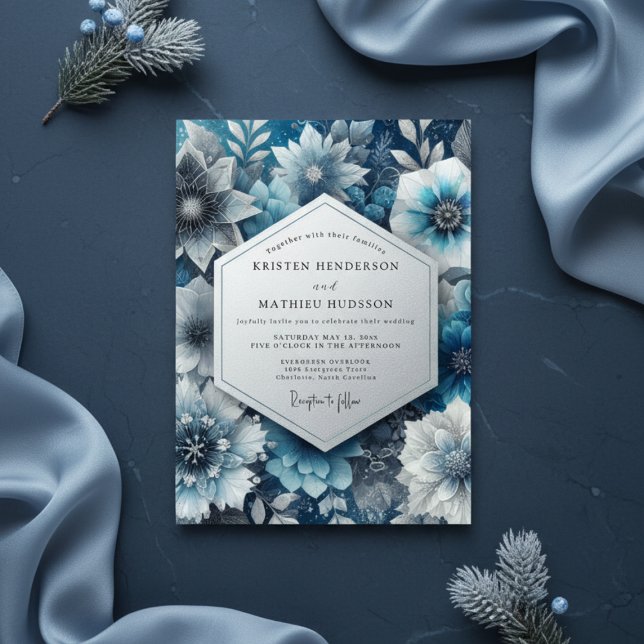 Convites Casamento Romântico Floral Azul Sombrio (Criador carregado)