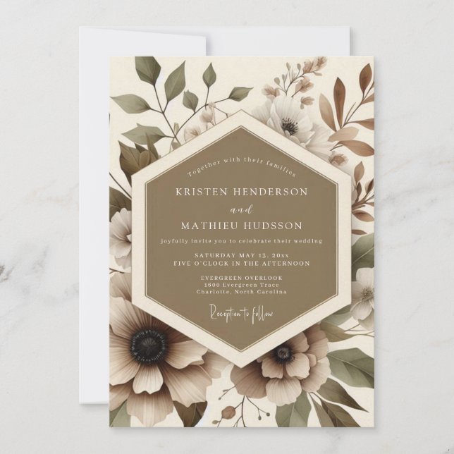 Convites Casamento Romântico Floral Bege (Frente)