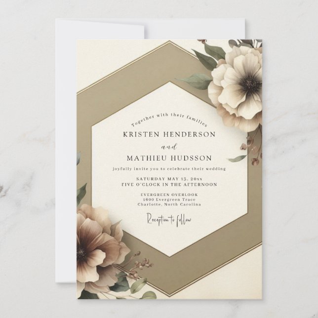 Convites Casamento Romântico Floral Bege (Frente)