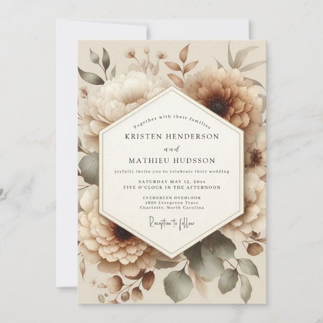 Convites Casamento Romântico Floral Bege (Frente)