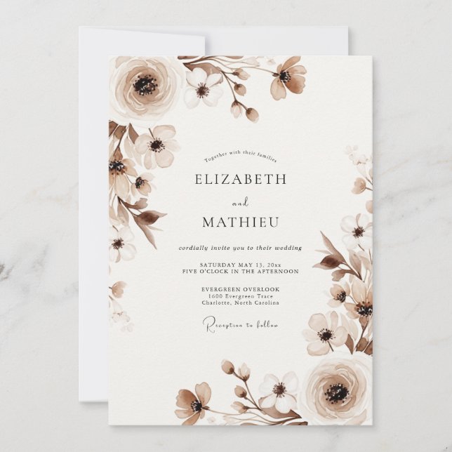 Convites Casamento Romântico Floral Bege (Frente)