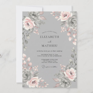 Convites Casamento Romântico Floral Bege Cinza