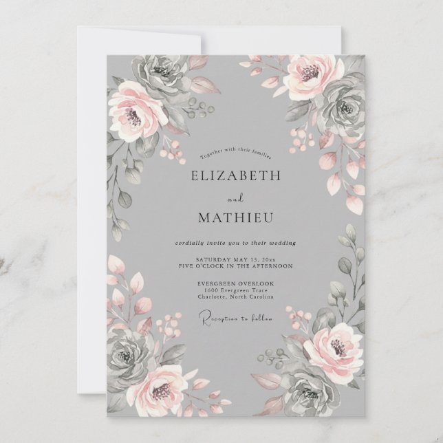 Convites Casamento Romântico Floral Bege Cinza (Frente)