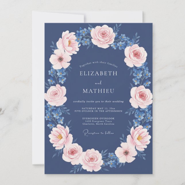 Convites Casamento Romântico Floral Bege Marinho (Frente)