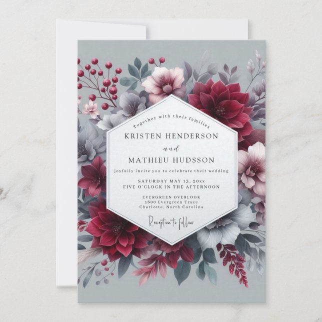 Convites Casamento Romântico Floral Borgonha (Frente)