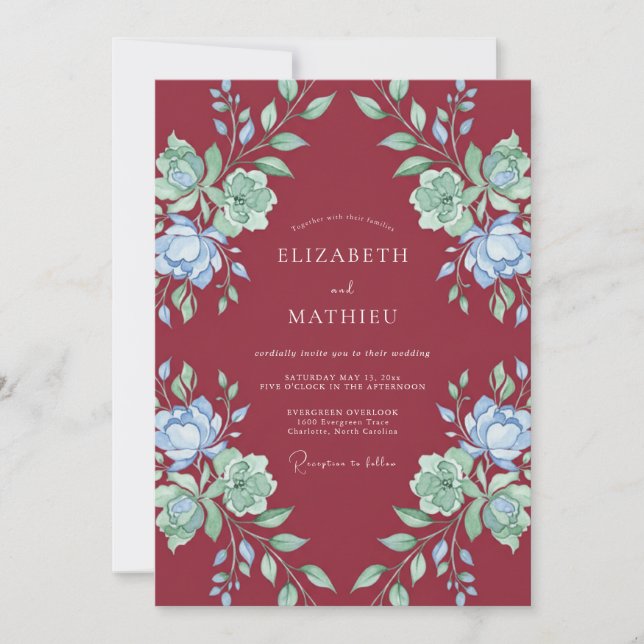 Convites Casamento Romântico Floral Borgonha (Frente)