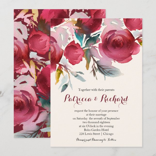 Convites Casamento Romântico Floral Borgonha Marsala (Frente/Verso)