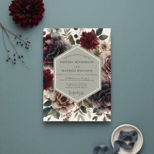 Convites Casamento Romântico Floral Borgonha Temperamental