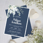 Convites Casamento romântico floral branco flores azuis<br><div class="desc">Crie a suíte perfeita de Casamento com este romântico e belo convite de casamento com um delicado buquê de aquarela com flores brancas, sobre verde e outra folhagem botânica no canto superior esquerdo, sobre um fundo azul prussiano comum. Edite facilmente os campos de modelo para adicionar os nomes de noiva...</div>