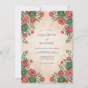 Convites Casamento Romântico Floral Carmesim