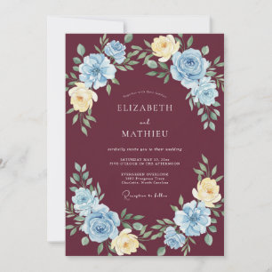 Convites Casamento Romântico Floral Céu Borgonha