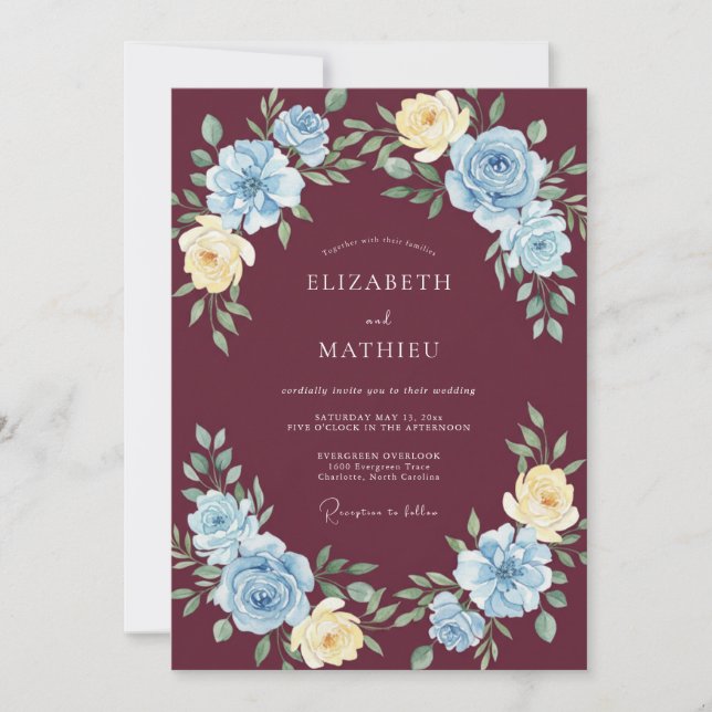 Convites Casamento Romântico Floral Céu Borgonha (Frente)