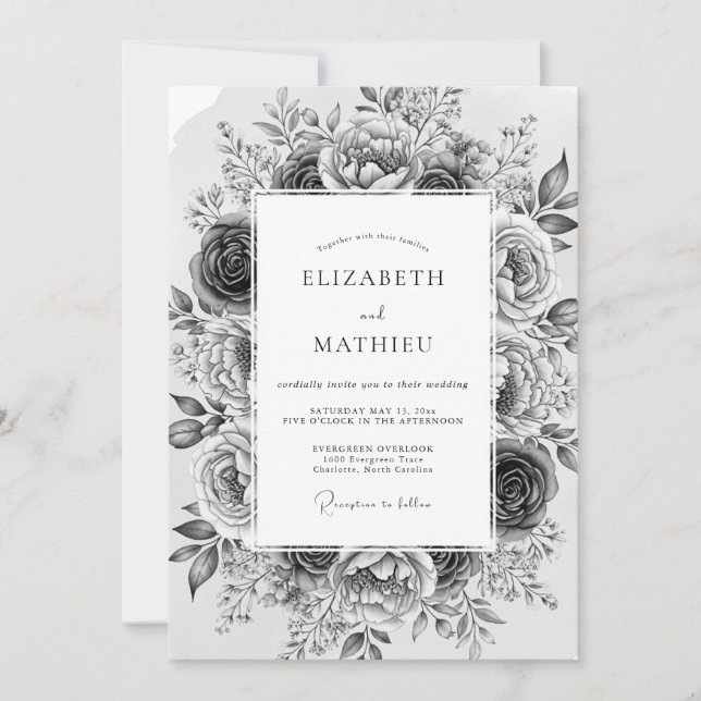 Convites Casamento Romântico Floral Cinza (Frente)