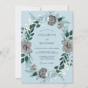 Convites Casamento Romântico Floral Cinza Azul