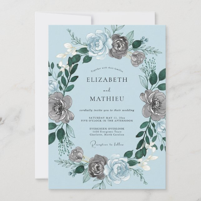 Convites Casamento Romântico Floral Cinza Azul (Frente)
