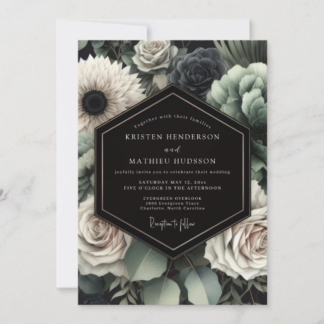 Convites Casamento Romântico Floral Cinza Sombrio (Frente)