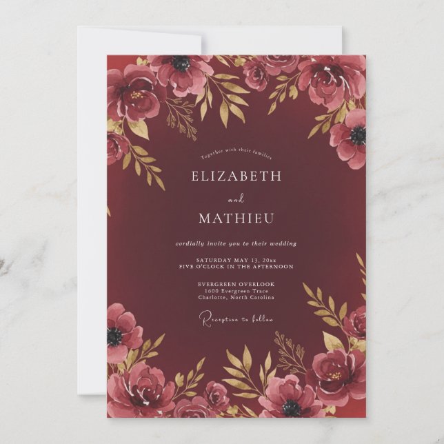 Convites Casamento Romântico Floral com Aquarela Bege (Frente)