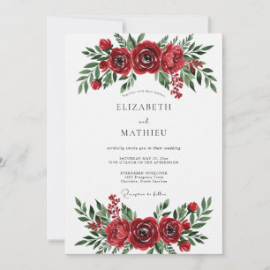 Convites Casamento Romântico Floral com Aquarela Carmesim