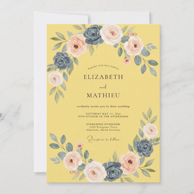 Convites Casamento Romântico Floral com Rubor Amarelo (Frente)