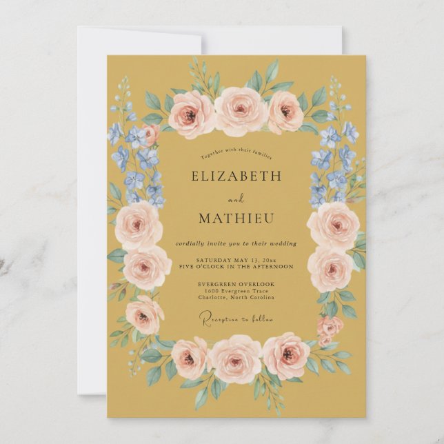 Convites Casamento Romântico Floral com Rubor Dourado (Frente)