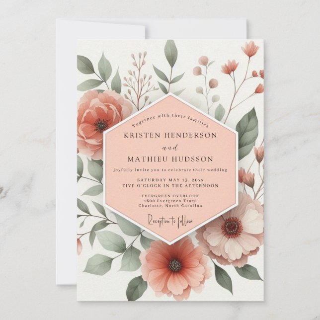 Convites Casamento Romântico Floral Coral (Frente)