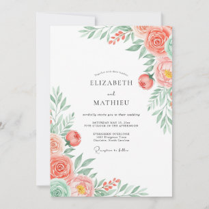 Convites Casamento Romântico Floral Coral