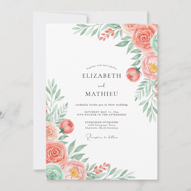 Convites Casamento Romântico Floral Coral (Frente)