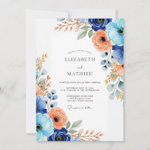 Convites Casamento Romântico Floral Coral Azul