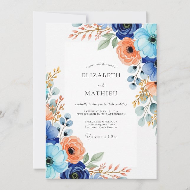 Convites Casamento Romântico Floral Coral Azul (Frente)
