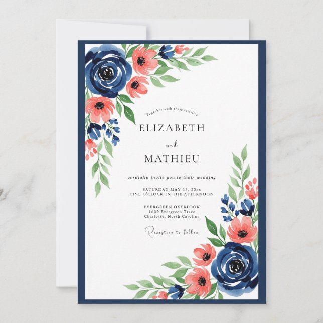Convites Casamento Romântico Floral Coral Marinho (Frente)
